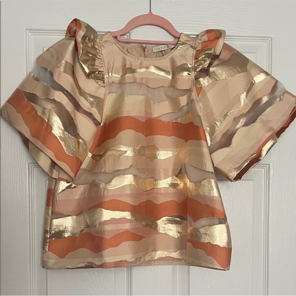 Marie Oliver Peach & Gold Metallic Stripe Ruffle Top